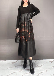 Chic Black Print Patchwork Wrinkled Maxi Dress Spring