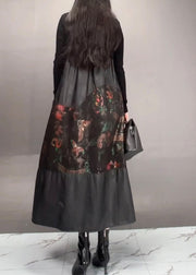 Chic Black Print Patchwork Wrinkled Maxi Dress Spring