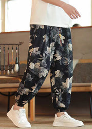 Chic Black Print Pockets Elastic Waist Cotton Mens Crop Pants Summer