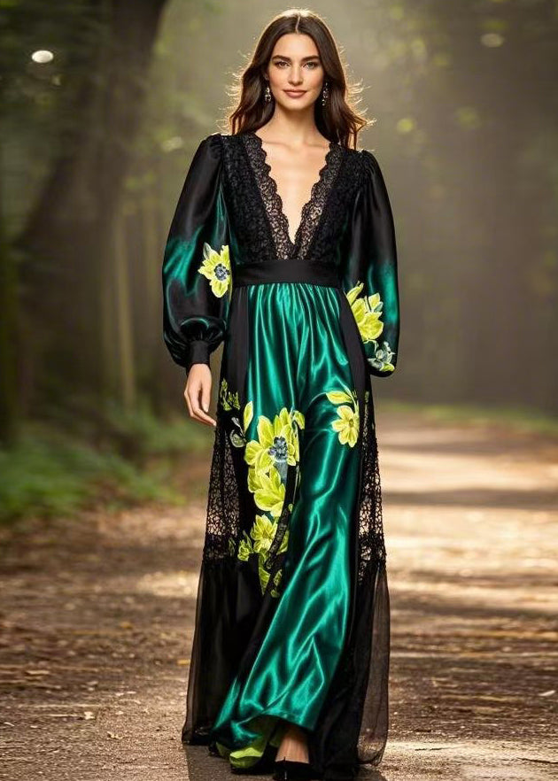 Chic Black Print Pockets Patchwork Silk Long Dresses Spring