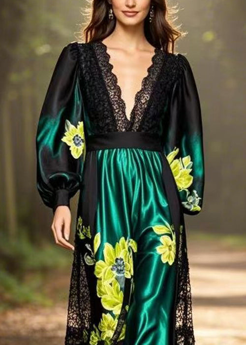 Chic Black Print Pockets Patchwork Silk Long Dresses Spring