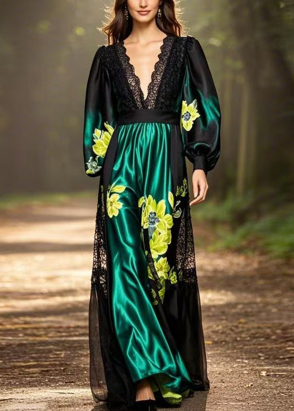 Chic Black Print Pockets Patchwork Silk Long Dresses Spring