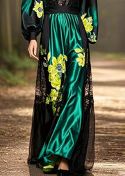 Chic Black Print Pockets Patchwork Silk Long Dresses Spring