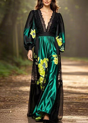 Chic Black Print Pockets Patchwork Silk Long Dresses Spring