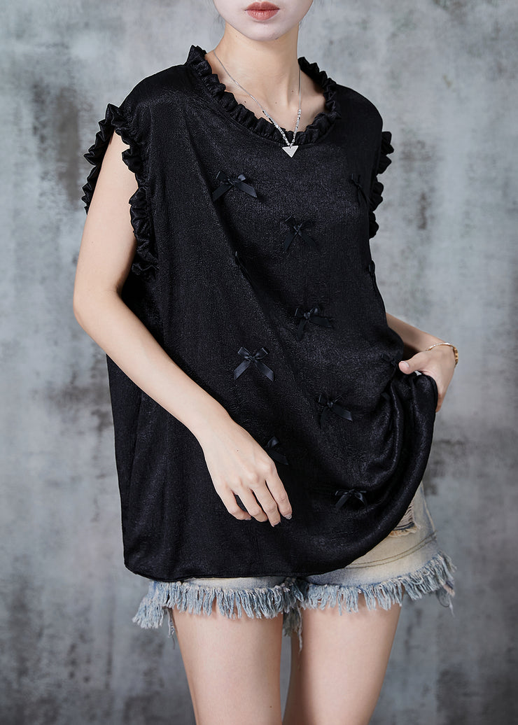 Chic Black Ruffled Bow Silk Tank Summer