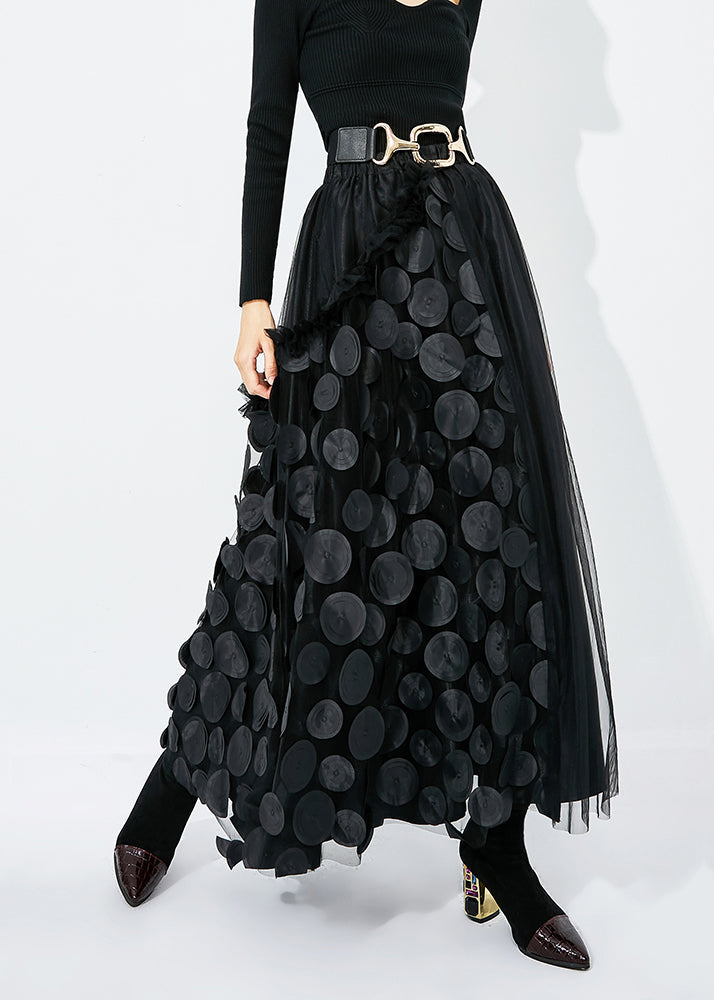 Chic Black Ruffled Patchwork Dot Tulle A Line Skirts Summer