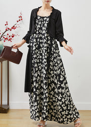 Chic Black Ruffled Print Chiffon Dress Two Pieces Set Summer