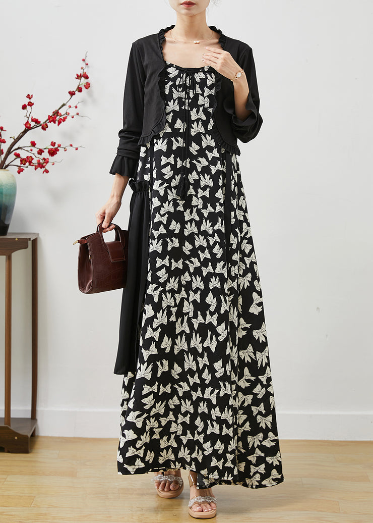 Chic Black Ruffled Print Chiffon Dress Two Pieces Set Summer