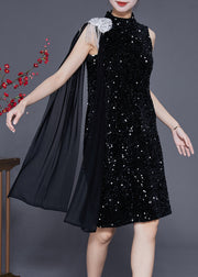 Chic Black Sequins Cloak Slim Fit Mid Dress Summer