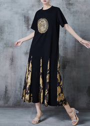 Chic Black Sequins Patchwork Cotton Robe Dresses Summer