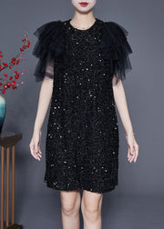 Chic Black Sequins Patchwork Mid Dress Vestidos Summer