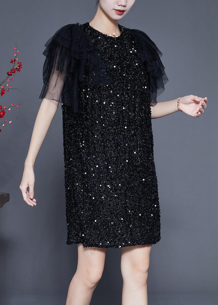 Chic Black Sequins Patchwork Mid Dress Vestidos Summer