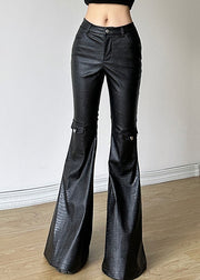 Chic Black Silm Fit With Pockets Faux Leather Flared Trousers Spring