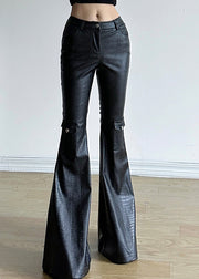 Chic Black Silm Fit With Pockets Faux Leather Flared Trousers Spring