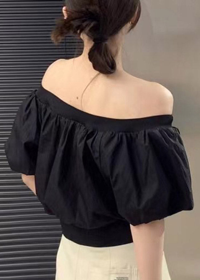 Chic Black Slash Neck Wrinkled Zippered Shirts Puff Sleeve