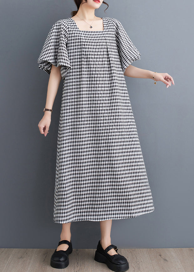 Chic Black Square Collar Plaid Linen A Line Dress Puff Sleeve