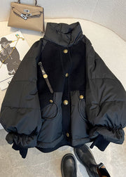 Chic Black Stand Collar Drawstring Zippered Fine Cotton Filled Puffer Jacket Winter