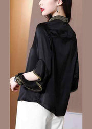 Chic Black Stand Collar Embroideried Ruffles Silk Shirt Spring