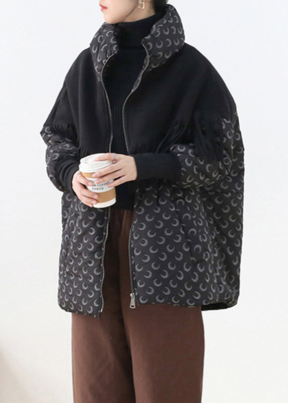 Chic Black Stand Collar Zippered Pockets Print Cotton parka Long Sleeve