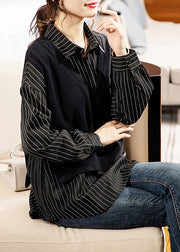 Chic Black Striped Peter Pan Collar Patchwork Cotton Shirt Long Sleeve