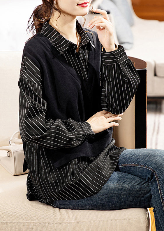 Chic Black Striped Peter Pan Collar Patchwork Cotton Shirt Long Sleeve