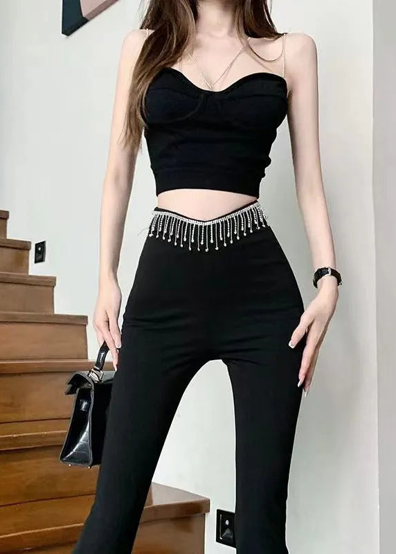 Chic Black Tassel High Waist Flare Yoga Pants