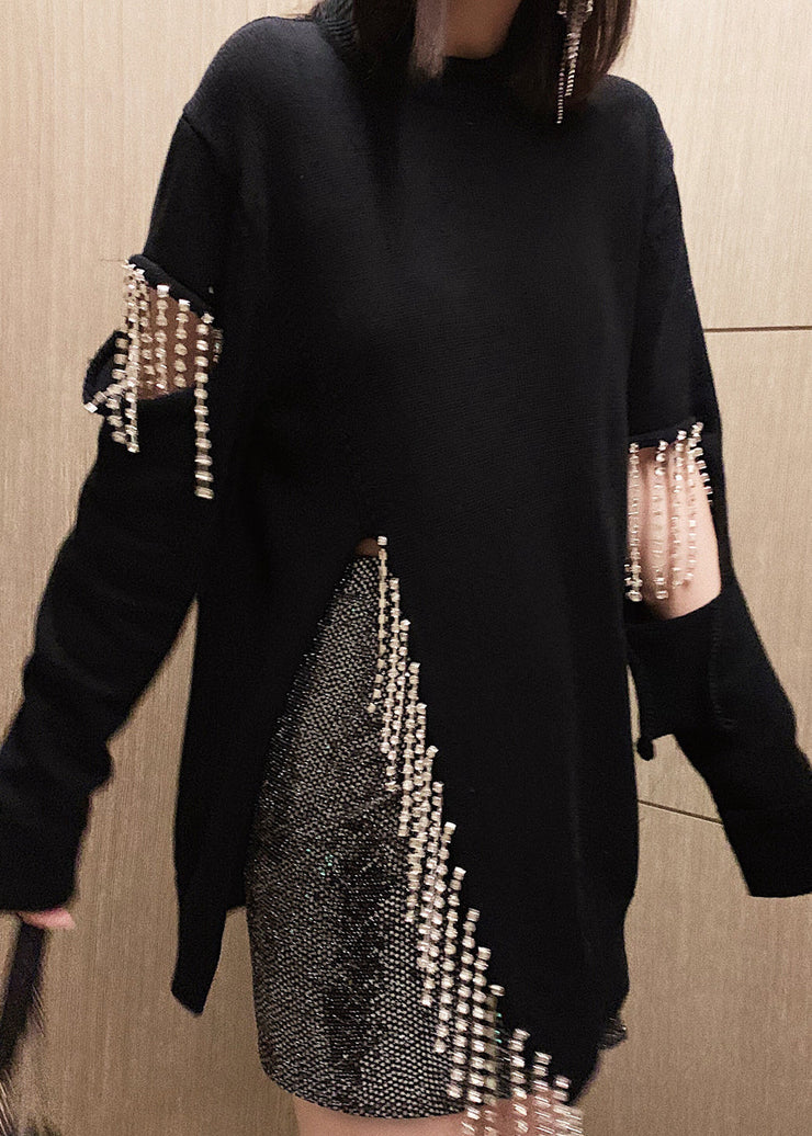 Chic Black Tasseled Hole Patchwork Cotton Knit Sweaters Long Sleeve