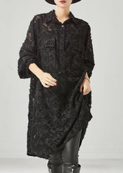 Chic Black Tasseled Pockets Cotton Shirt Dress Spring