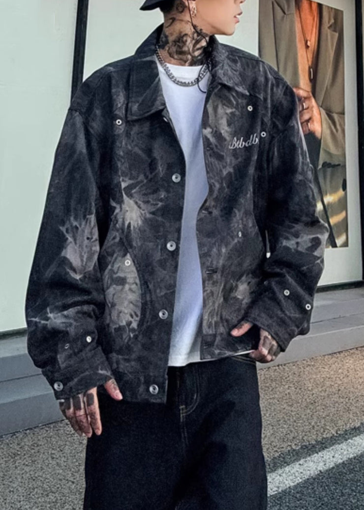 Chic Black Tie Dye Button Denim Mens Coats Spring