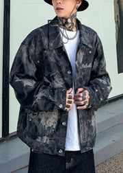 Chic Black Tie Dye Button Denim Mens Coats Spring