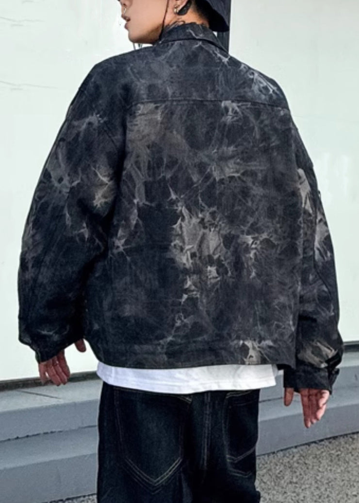 Chic Black Tie Dye Button Denim Mens Coats Spring