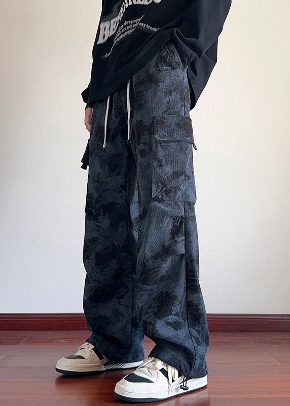 Chic Black Tie Dye Pockets Corduroy Men Pants Elastic Waist Spring