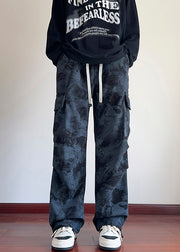 Chic Black Tie Dye Pockets Corduroy Men Pants Elastic Waist Spring