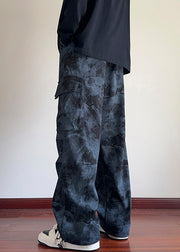 Chic Black Tie Dye Pockets Corduroy Men Pants Elastic Waist Spring