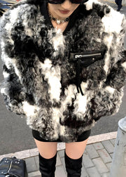 Chic Black Tie Dye Pockets Teddy Faux Fur Coats Spring