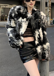 Chic Black Tie Dye Pockets Teddy Faux Fur Coats Spring