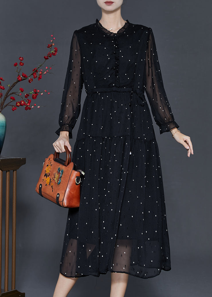 Chic Black Tie Waist Dot Chiffon Long Dress Fall