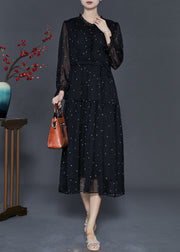 Chic Black Tie Waist Dot Chiffon Long Dress Fall