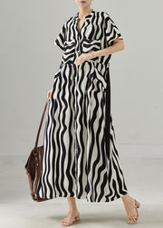 Chic Black Tie Waist Striped Chiffon Work Dress Summer