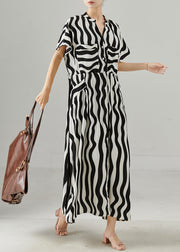 Chic Black Tie Waist Striped Chiffon Work Dress Summer