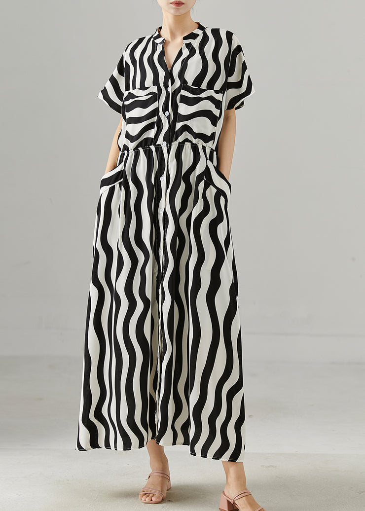 Chic Black Tie Waist Striped Chiffon Work Dress Summer