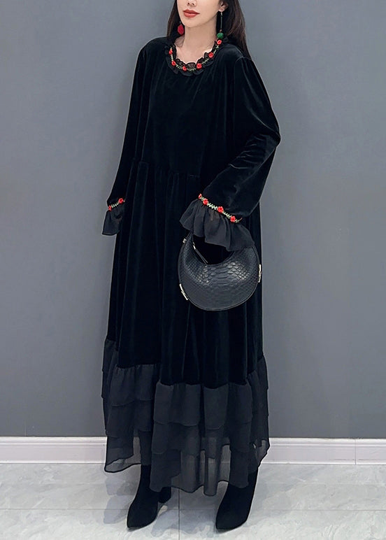 Chic Black Tulle Patchwork Silk Velvet Long Dresses Spring