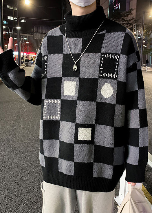 Chic Black Turtleneck Plaid Knit Men Sweaters Pullover Winter