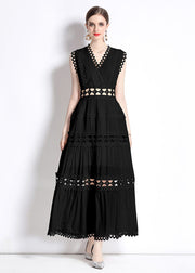 Chic Black V Neck Hollow Out Patchwork Wrinkled Cotton Long Dresses Sleeveless