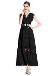 Chic Black V Neck Hollow Out Patchwork Wrinkled Cotton Long Dresses Sleeveless