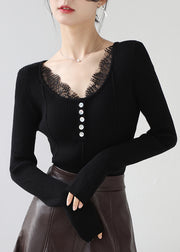 Chic Black V Neck Lace Patchwork Knit Sweater Tops Spring