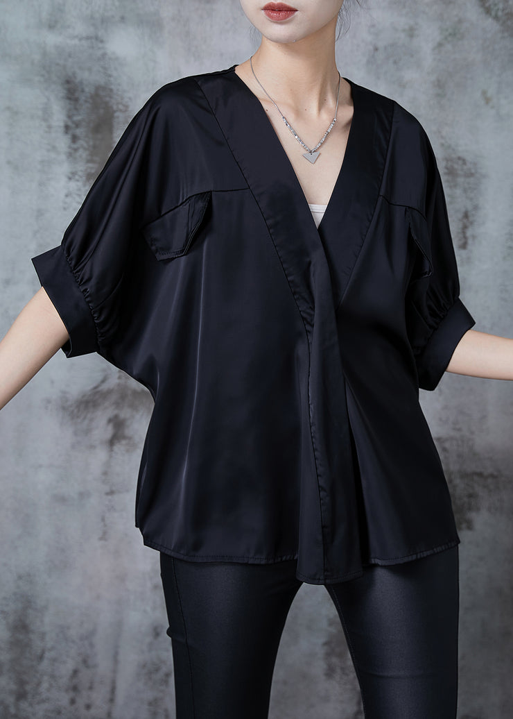 Chic Black V Neck Patchwork Silk Shirt Top Summer