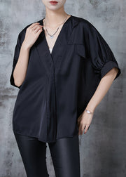 Chic Black V Neck Patchwork Silk Shirt Top Summer