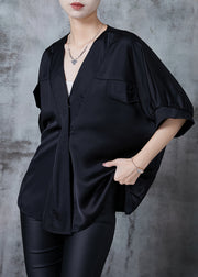 Chic Black V Neck Patchwork Silk Shirt Top Summer