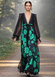 Chic Black V Neck Print Chiffon Long Dresses Butterfly Sleeve